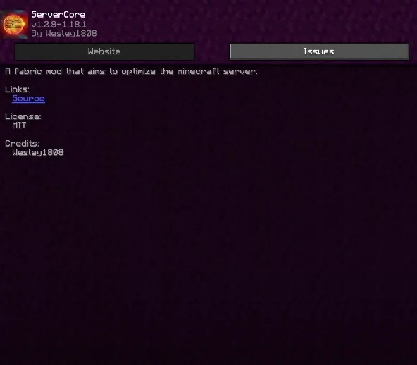 Информация о моде ServerCore