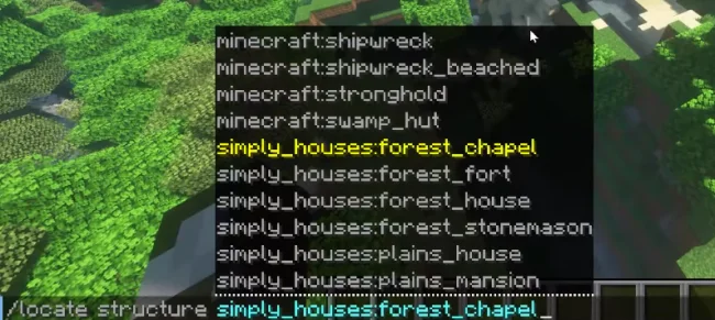 Консольная команда из мода Simply Houses для постройки структуры
