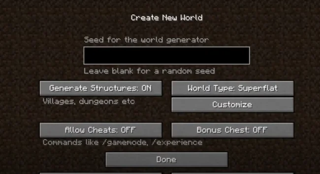 Процесс создания мира для работы мода Superflat World No Slimes