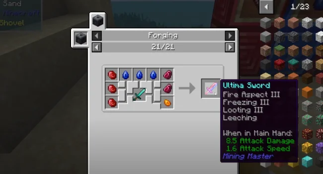 Процесс создания нового меча с модом Mining Master