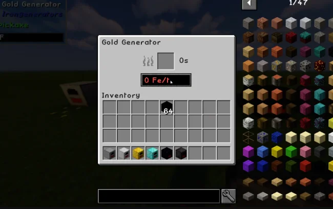 Меню золотого генератора из мода Iron Generators