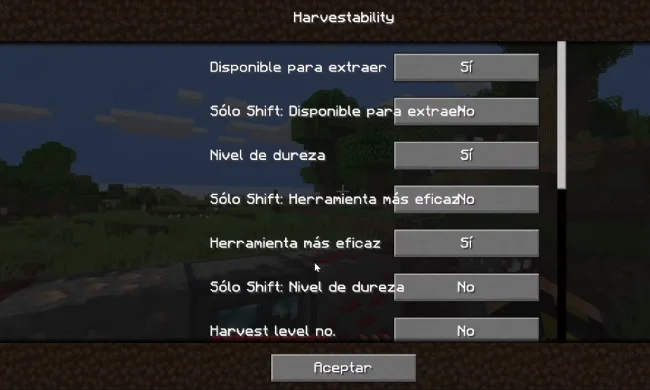 Меню настроек из мода Waila Harvestability