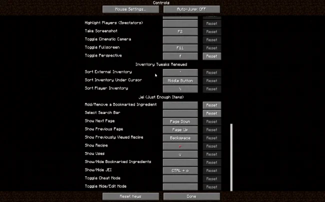 Меню настроек кнопок из мода Inventory Tweaks Renewed